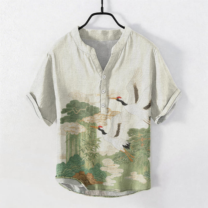 Buddha Stones 綿鶴と吉祥雲の風景柄 メンズ半袖ハーフボタンシャツ - リネン - US/UK/AU50、EU60（5XL） - image 6