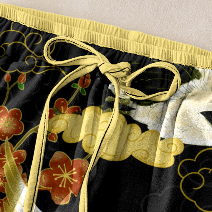 Buddha Stones 綿素材のカジュアルな鶴と花と雲の模様のレディース用ゴムウエストパンツ（ポケット付き） - image 1