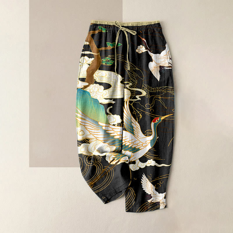 Buddha Stones 綿素材のカジュアルパンツ　飛鶴柄　縁起の良い雲と木柄　レディース　ウエストゴム入り　ポケット付き - 黒 - US16、 UK/AU20、 EU48 (3XL) - image 0