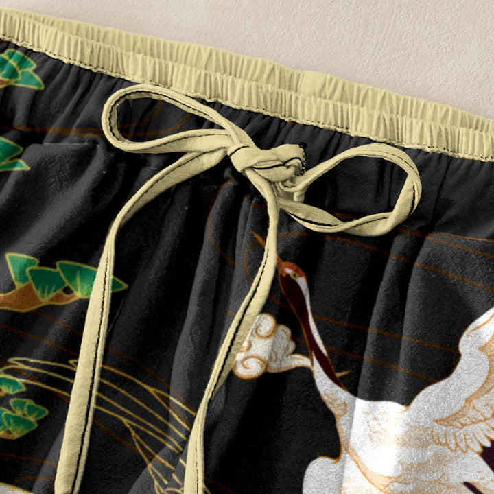 Buddha Stones 綿素材のカジュアルパンツ　飛鶴柄　縁起の良い雲と木柄　レディース　ウエストゴム入り　ポケット付き - image 1