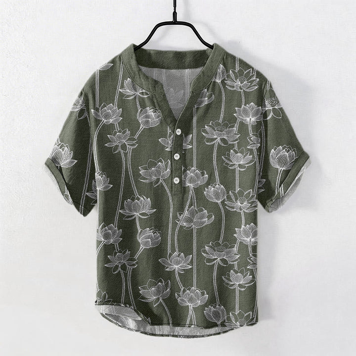 Buddha Stones コットン製、蓮の花柄メンズ半袖ハーフボタンシャツ - ダークオリーブグリーン - US/UK/AU50、EU60（5XL） - image 0