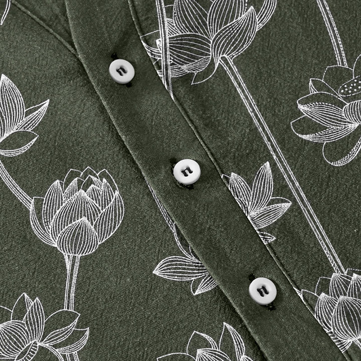 Buddha Stones コットン製、蓮の花柄メンズ半袖ハーフボタンシャツ - image 3