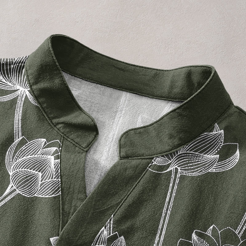 Buddha Stones コットン製、蓮の花柄メンズ半袖ハーフボタンシャツ - image 2