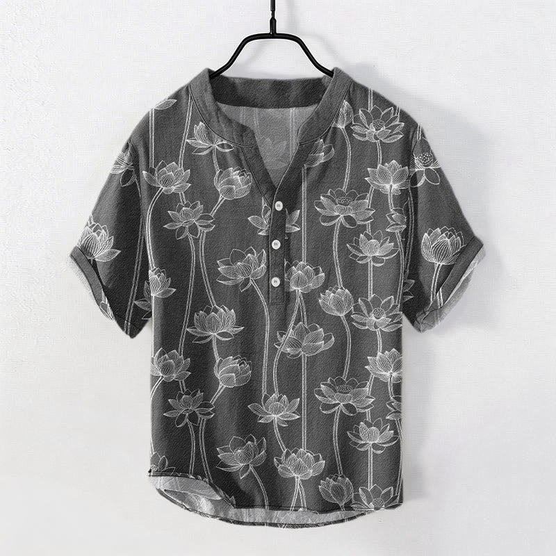 Buddha Stones コットン製、蓮の花柄メンズ半袖ハーフボタンシャツ - グレー - US/UK/AU50、EU60（5XL） - image 4