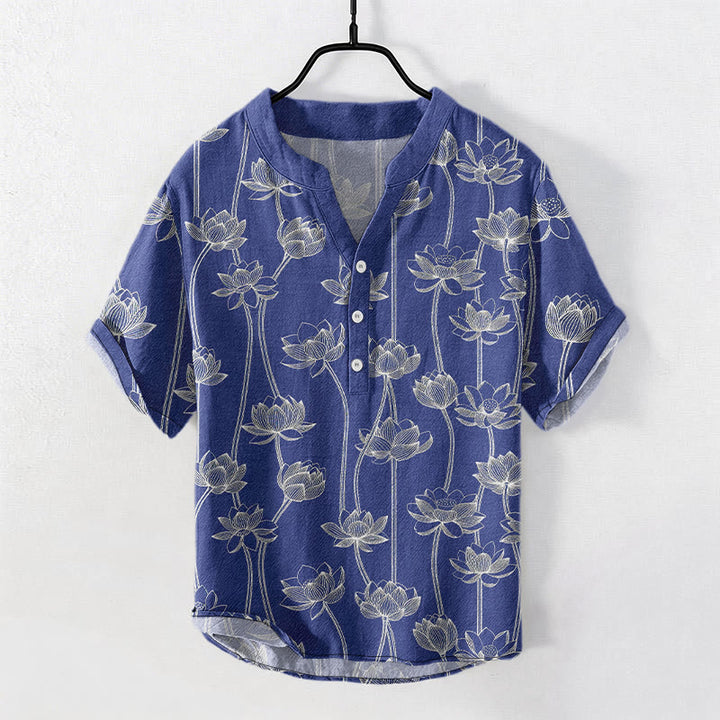 Buddha Stones コットン製、蓮の花柄メンズ半袖ハーフボタンシャツ - ダークブルー - US/UK/AU50、EU60（5XL） - image 6