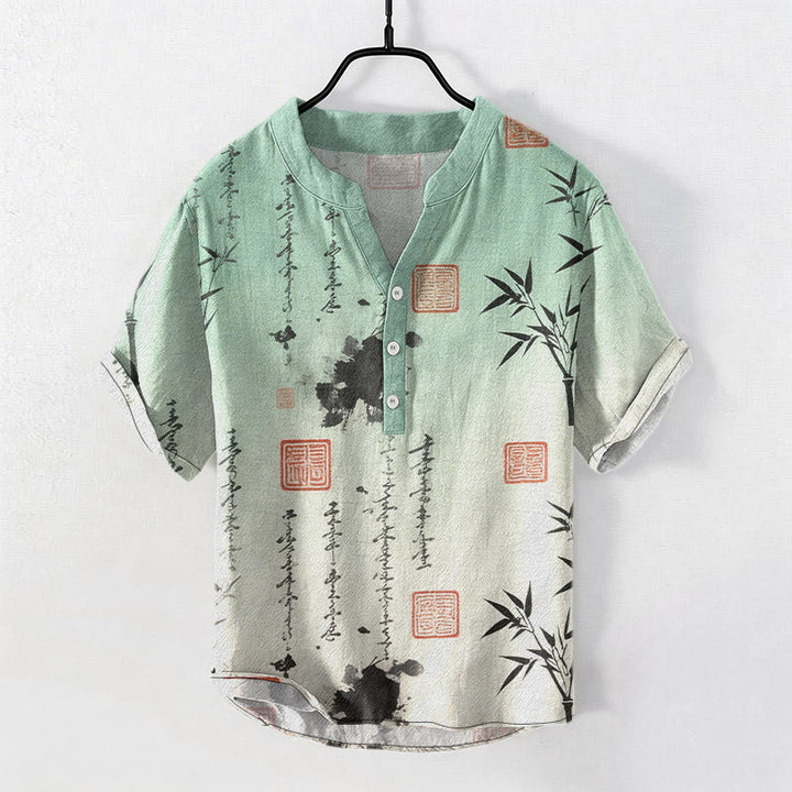 Buddha Stones コットングラデーション書道竹墨画柄メンズ半袖ハーフボタンシャツ - 甘露 - US/UK/AU50、EU60（5XL） - image 0