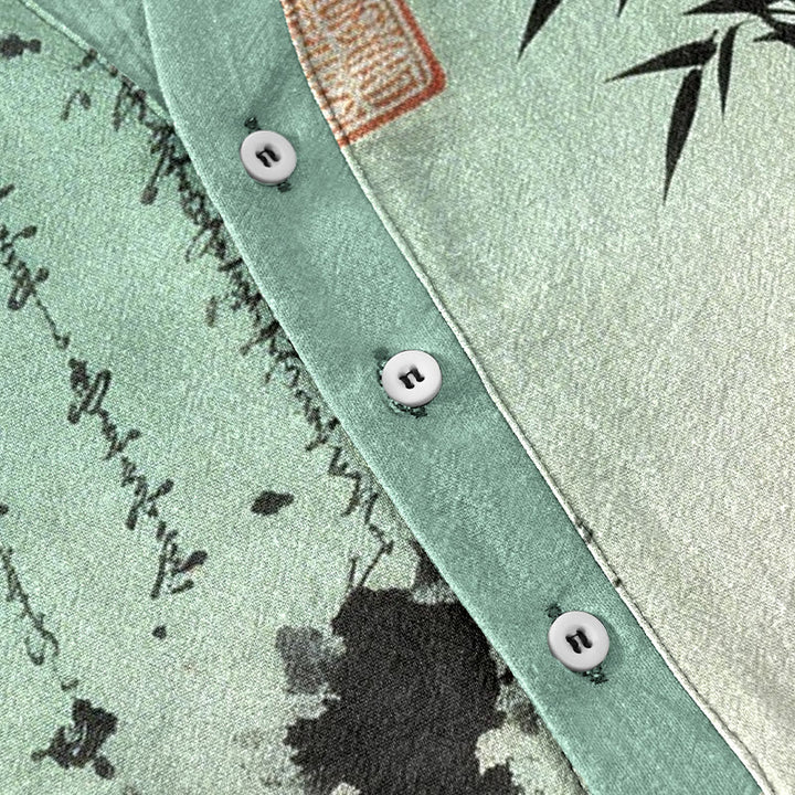 Buddha Stones コットングラデーション書道竹墨画柄メンズ半袖ハーフボタンシャツ - image 3