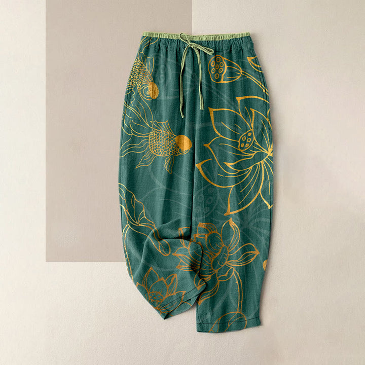 Buddha Stones コットン素材、カジュアルな蓮の葉と鯉の柄、ウエストゴム入り、ポケット付きレディースパンツ - ダークシアン - US16、 UK/AU20、 EU48 (3XL) - image 0