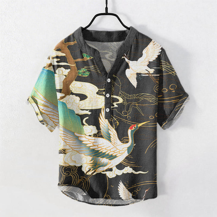 Buddha Stones 綿鶴吉祥雲松柄メンズ半袖ハーフボタンシャツ - 黒 - US/UK/AU50、EU60（5XL） - image 0