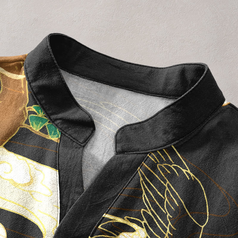 Buddha Stones 綿鶴吉祥雲松柄メンズ半袖ハーフボタンシャツ - image 2