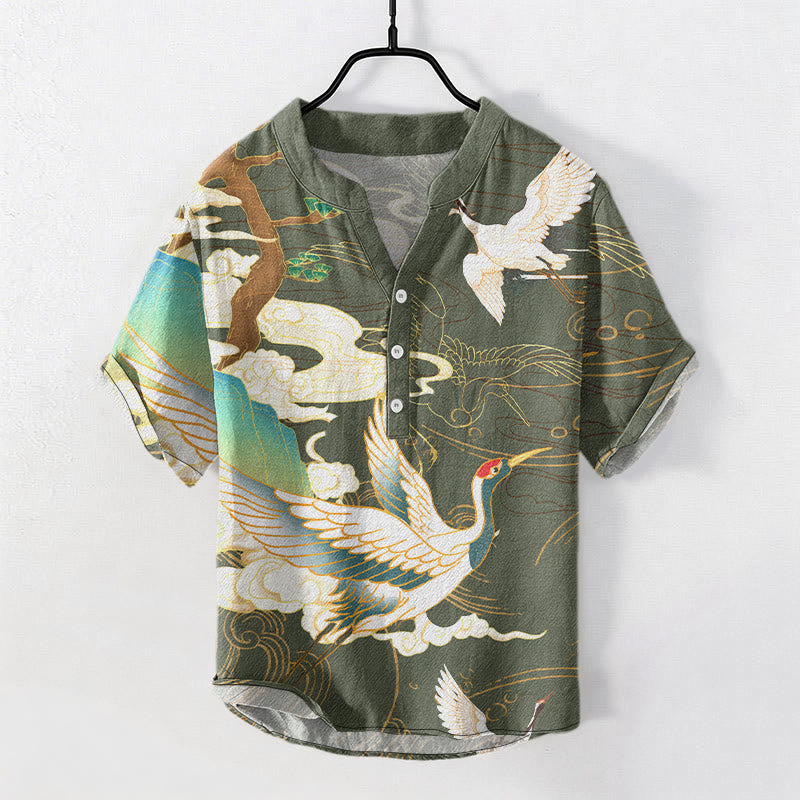 Buddha Stones 綿鶴吉祥雲松柄メンズ半袖ハーフボタンシャツ - ダークシーグリーン - US/UK/AU50、EU60（5XL） - image 6