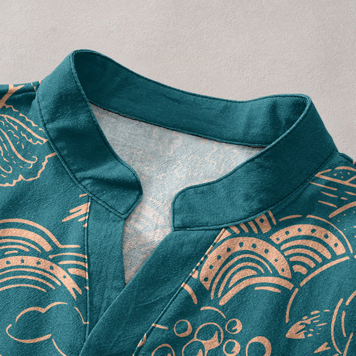 Buddha Stones コットン素材のネイチャータワー風景柄メンズ半袖ハーフボタンシャツ - image 2