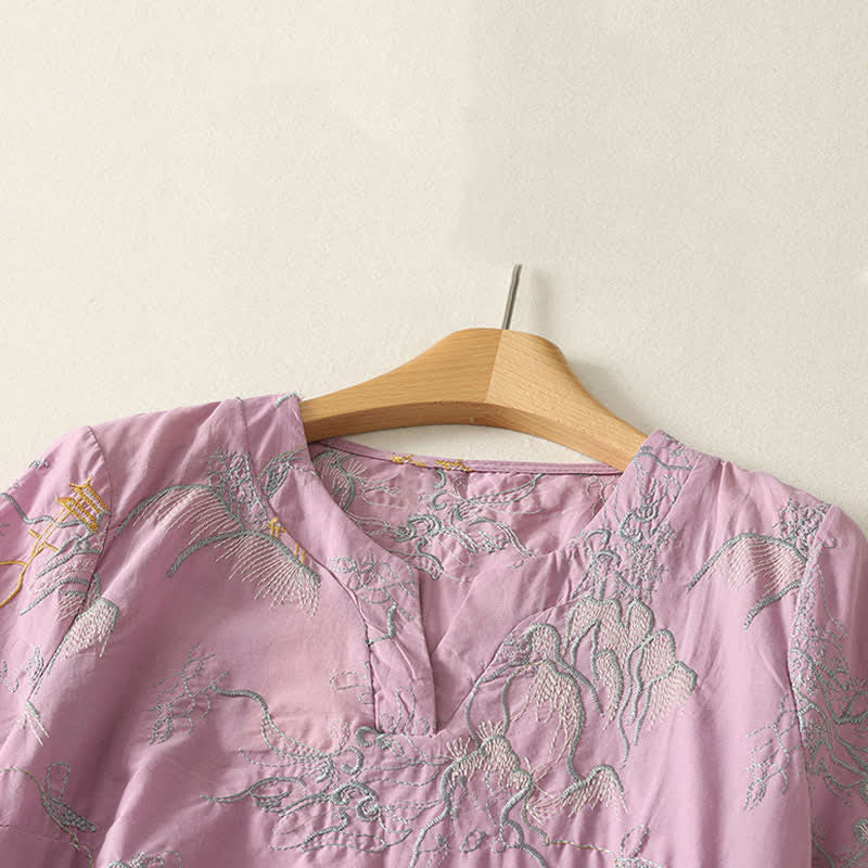 Buddha Stones 夏用Vネック花柄デザイン半袖コットンミディドレス（ポケット付き） - image 2