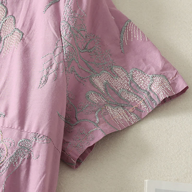 Buddha Stones 夏用Vネック花柄デザイン半袖コットンミディドレス（ポケット付き） - image 5