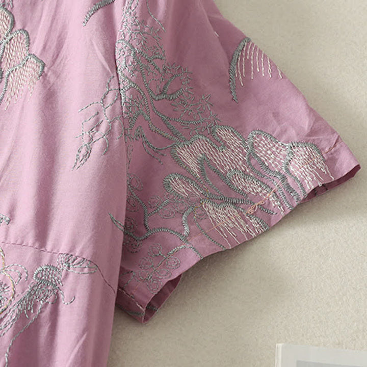 Buddha Stones 夏用Vネック花柄デザイン半袖コットンミディドレス（ポケット付き） - image 5