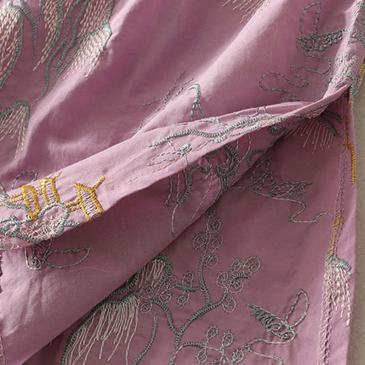 Buddha Stones 夏用Vネック花柄デザイン半袖コットンミディドレス（ポケット付き） - image 7