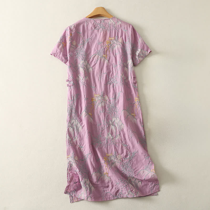 Buddha Stones 夏用Vネック花柄デザイン半袖コットンミディドレス（ポケット付き） - image 1