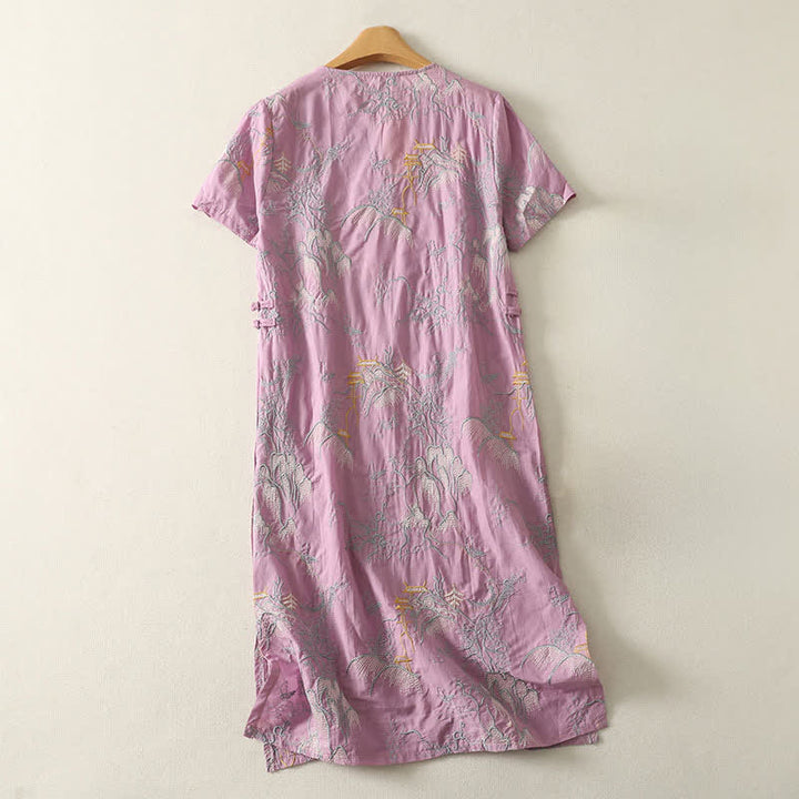 Buddha Stones 夏用Vネック花柄デザイン半袖コットンミディドレス（ポケット付き） - image 1