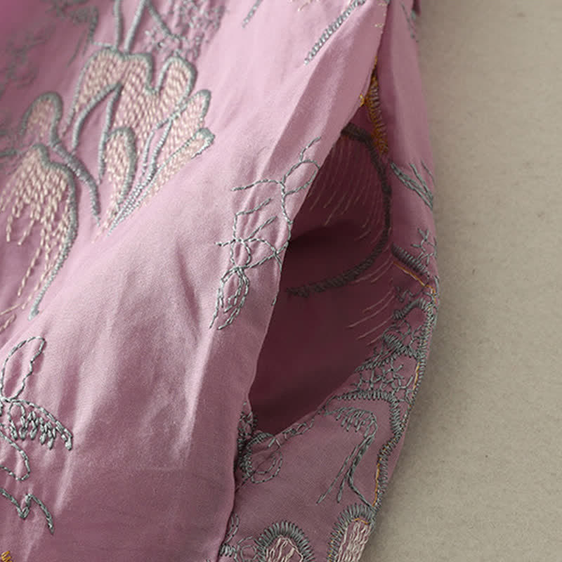 Buddha Stones 夏用Vネック花柄デザイン半袖コットンミディドレス（ポケット付き） - image 4