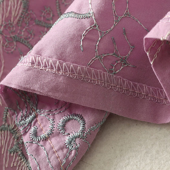 Buddha Stones 夏用Vネック花柄デザイン半袖コットンミディドレス（ポケット付き） - image 9