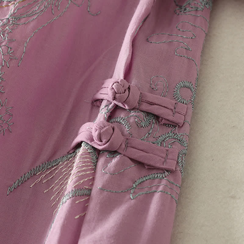 Buddha Stones 夏用Vネック花柄デザイン半袖コットンミディドレス（ポケット付き） - image 6