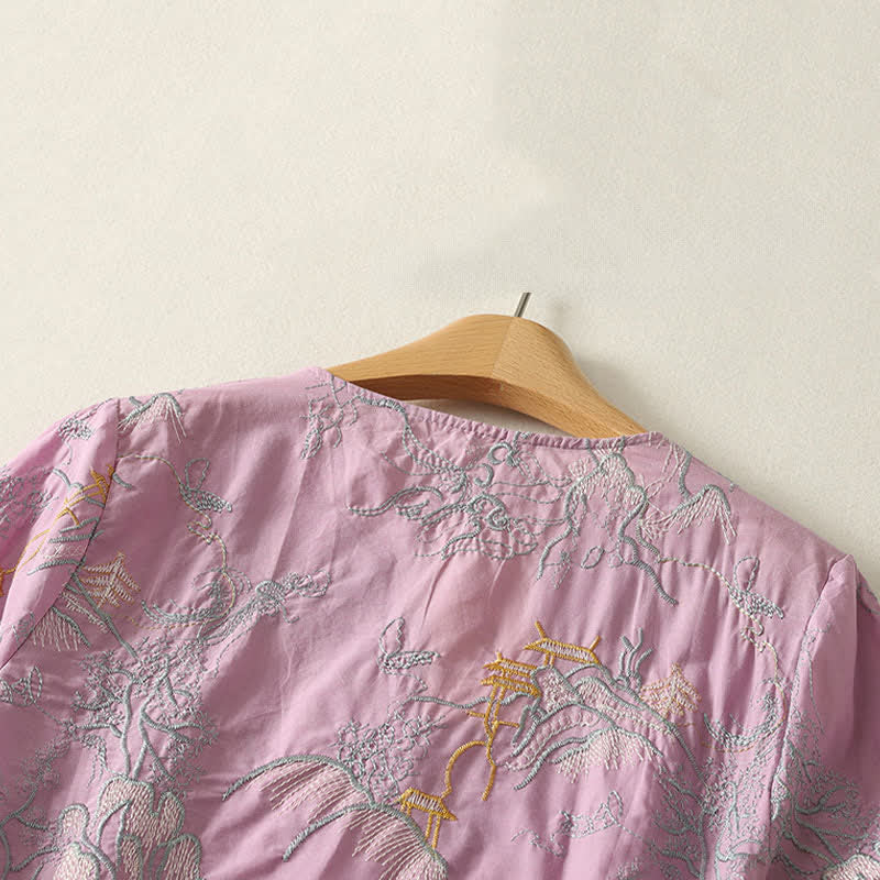 Buddha Stones 夏用Vネック花柄デザイン半袖コットンミディドレス（ポケット付き） - image 3