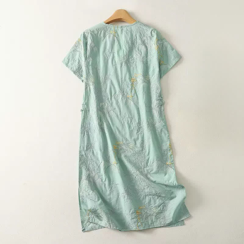 Buddha Stones 夏用Vネック花柄デザイン半袖コットンミディドレス（ポケット付き） - image 12