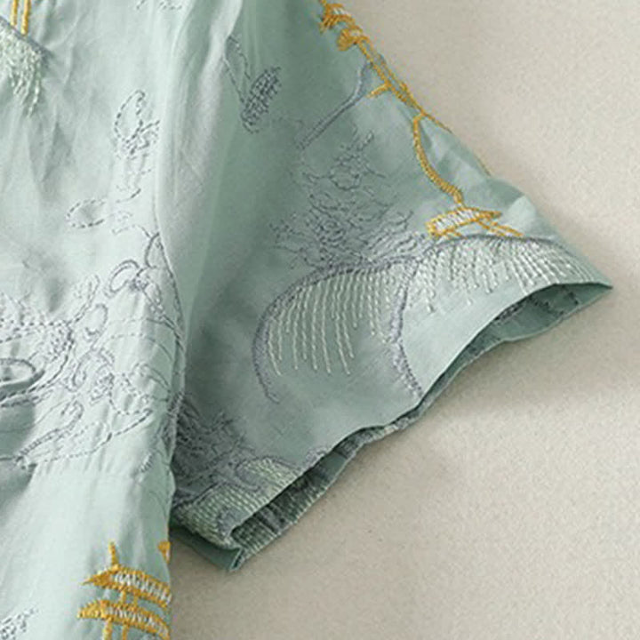 Buddha Stones 夏用Vネック花柄デザイン半袖コットンミディドレス（ポケット付き） - image 14