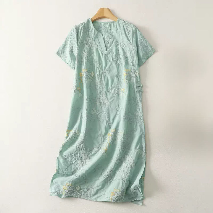 Buddha Stones 夏用Vネック花柄デザイン半袖コットンミディドレス（ポケット付き） - ペールターコイズ - US8-10，UK/AU12-14，EU40-42 (2XL) - image 11