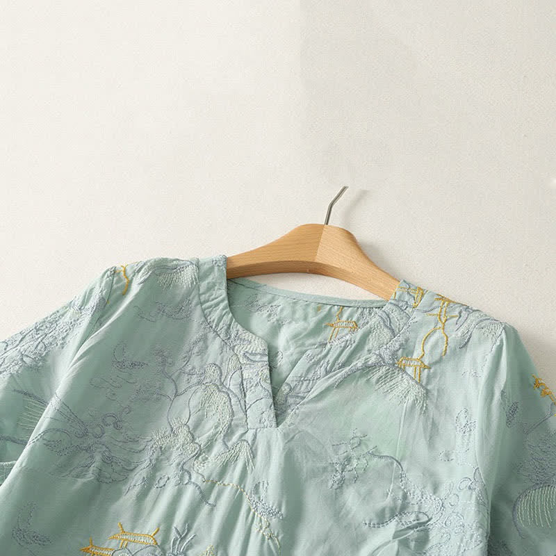 Buddha Stones 夏用Vネック花柄デザイン半袖コットンミディドレス（ポケット付き） - image 13