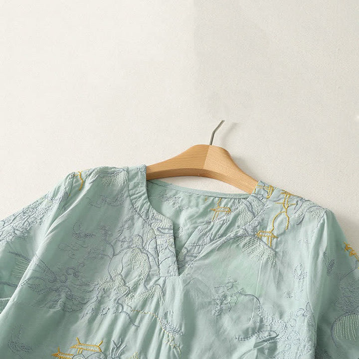 Buddha Stones 夏用Vネック花柄デザイン半袖コットンミディドレス（ポケット付き） - image 13