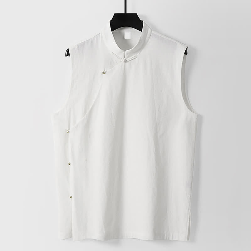 Buddha Stones 夏物無地スタンドカラーボタン留めメンズコットンリネンノースリーブベスト - 白 - 米国/UK/AU56、EU66（9XL） - image 8