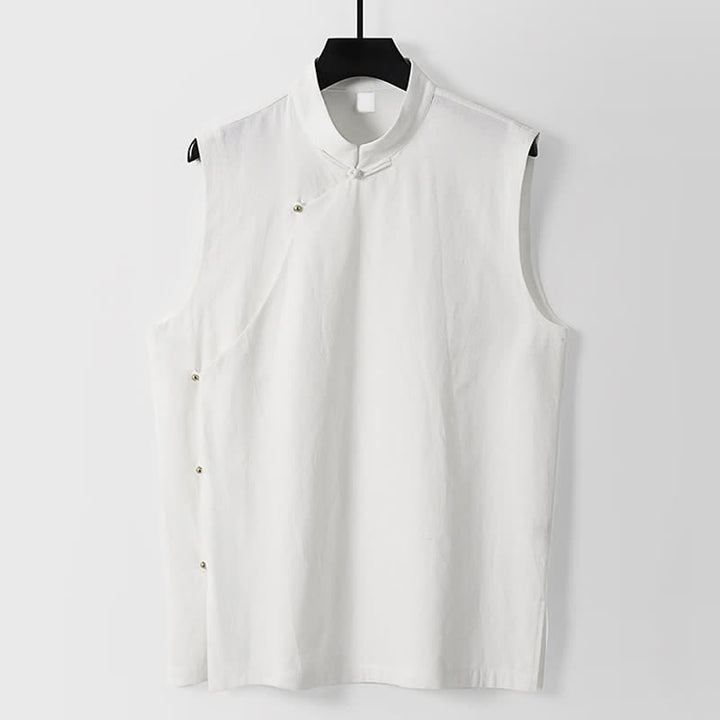 Buddha Stones 夏物無地スタンドカラーボタン留めメンズコットンリネンノースリーブベスト - 白 - 米国/UK/AU56、EU66（9XL） - image 8