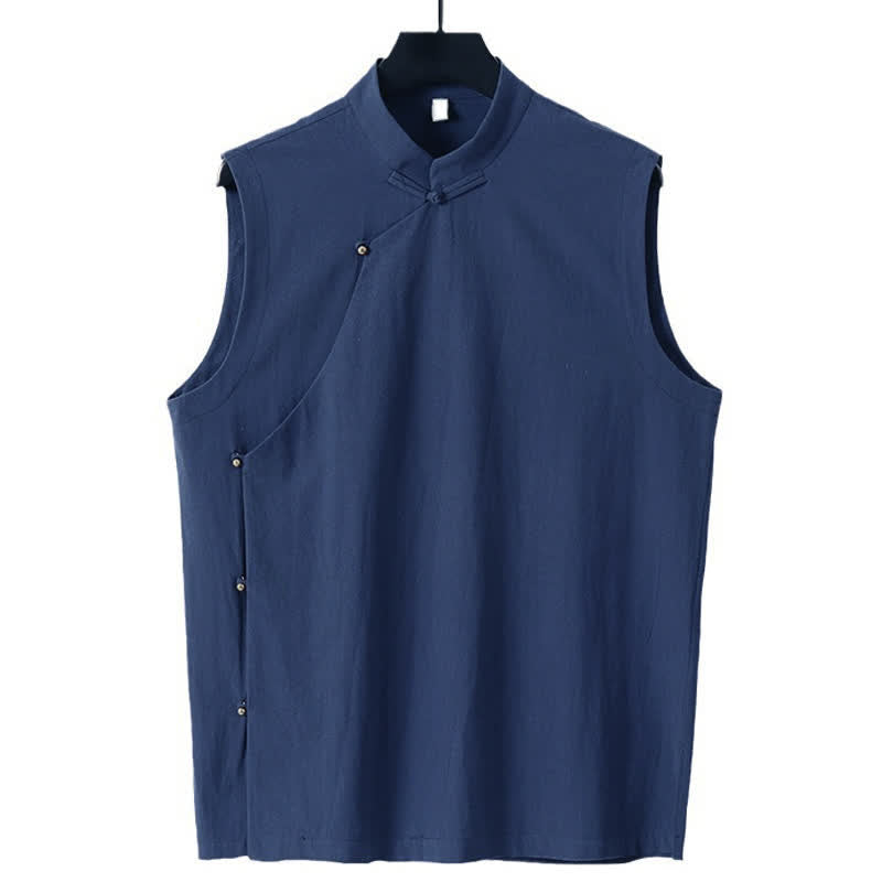 Buddha Stones 夏物無地スタンドカラーボタン留めメンズコットンリネンノースリーブベスト - image 7