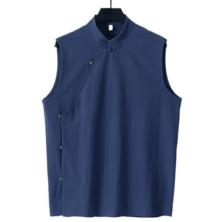 Buddha Stones 夏物無地スタンドカラーボタン留めメンズコットンリネンノースリーブベスト - image 7