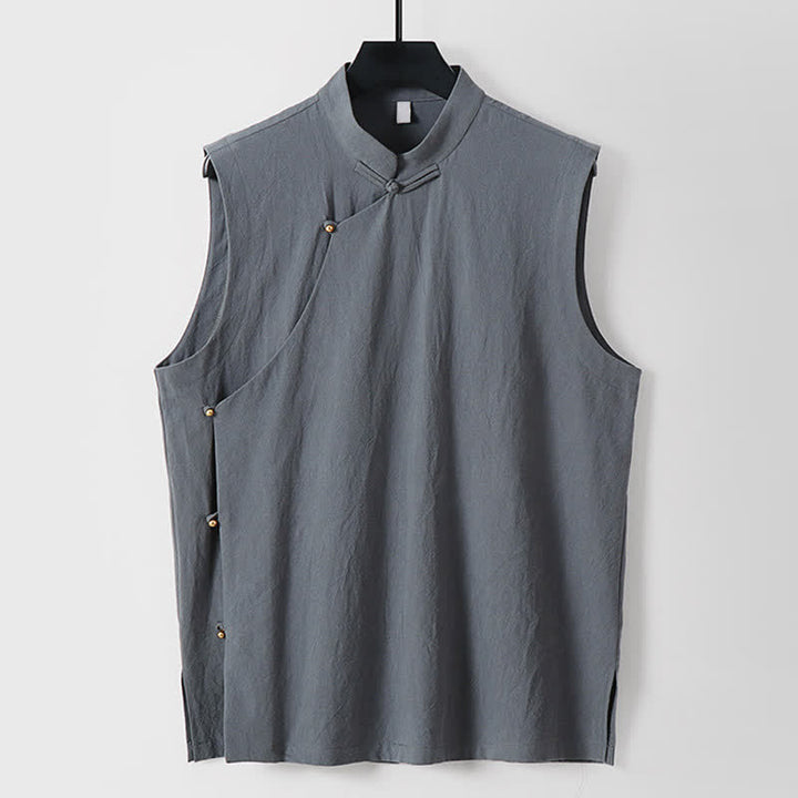 Buddha Stones 夏物無地スタンドカラーボタン留めメンズコットンリネンノースリーブベスト - ライトスレートグレー - 米国/UK/AU56、EU66（9XL） - image 10