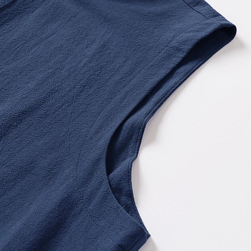 Buddha Stones 夏物無地スタンドカラーボタン留めメンズコットンリネンノースリーブベスト - image 4