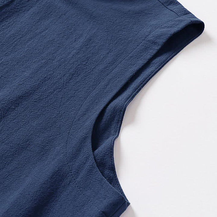 Buddha Stones 夏物無地スタンドカラーボタン留めメンズコットンリネンノースリーブベスト - image 4