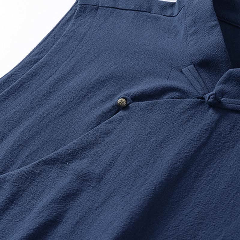 Buddha Stones 夏物無地スタンドカラーボタン留めメンズコットンリネンノースリーブベスト - image 3