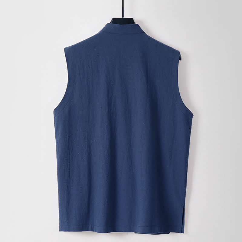 Buddha Stones 夏物無地スタンドカラーボタン留めメンズコットンリネンノースリーブベスト - image 1