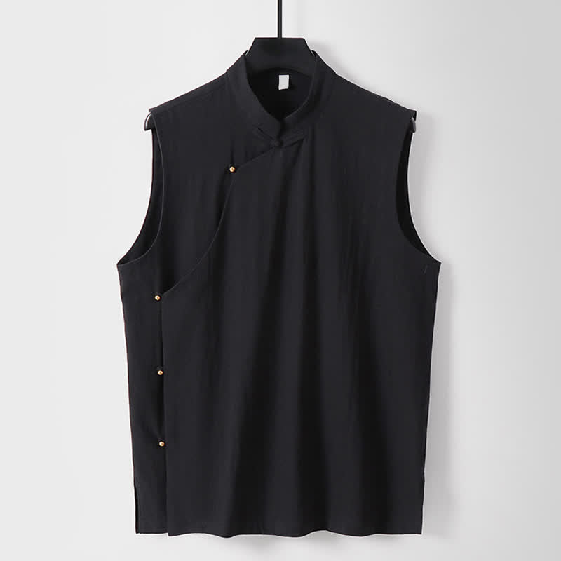 Buddha Stones 夏物無地スタンドカラーボタン留めメンズコットンリネンノースリーブベスト - 黒 - 米国/UK/AU56、EU66（9XL） - image 12