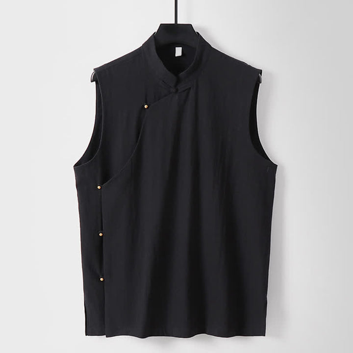 Buddha Stones 夏物無地スタンドカラーボタン留めメンズコットンリネンノースリーブベスト - 黒 - 米国/UK/AU56、EU66（9XL） - image 12