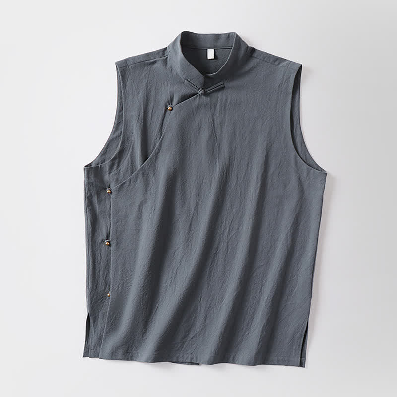 Buddha Stones 夏物無地スタンドカラーボタン留めメンズコットンリネンノースリーブベスト - image 11