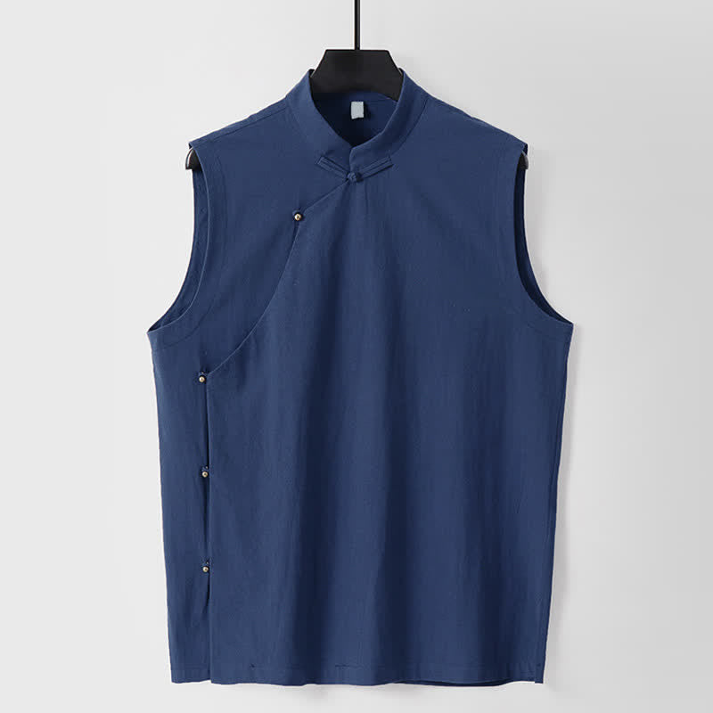 Buddha Stones 夏物無地スタンドカラーボタン留めメンズコットンリネンノースリーブベスト - ダークブルー - 米国/UK/AU56、EU66（9XL） - image 0