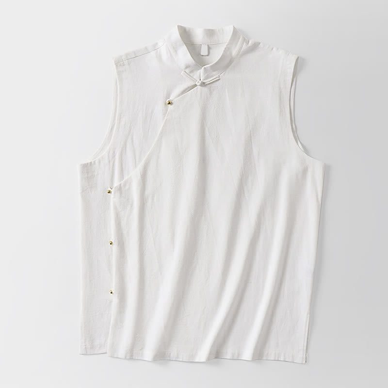 Buddha Stones 夏物無地スタンドカラーボタン留めメンズコットンリネンノースリーブベスト - image 9