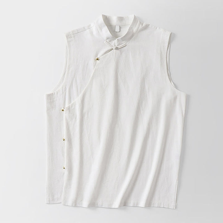 Buddha Stones 夏物無地スタンドカラーボタン留めメンズコットンリネンノースリーブベスト - image 9