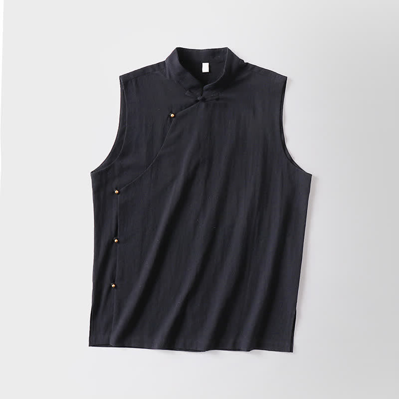 Buddha Stones 夏物無地スタンドカラーボタン留めメンズコットンリネンノースリーブベスト - image 13