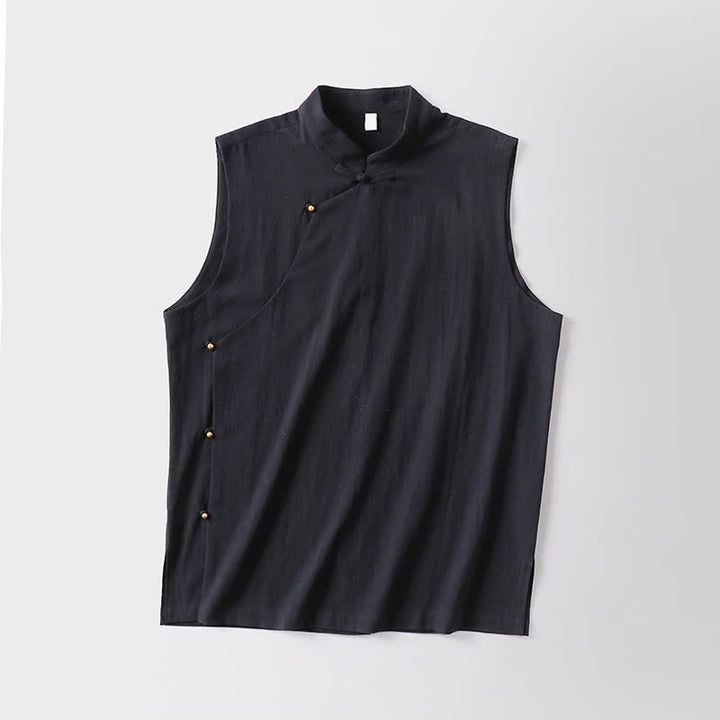 Buddha Stones 夏物無地スタンドカラーボタン留めメンズコットンリネンノースリーブベスト - image 13