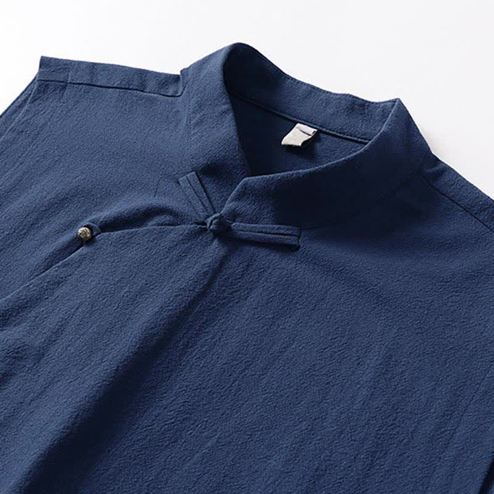 Buddha Stones 夏物無地スタンドカラーボタン留めメンズコットンリネンノースリーブベスト - image 2