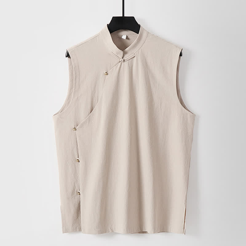 Buddha Stones 夏物無地スタンドカラーボタン留めメンズコットンリネンノースリーブベスト - オールドレース - 米国/UK/AU56、EU66（9XL） - image 14